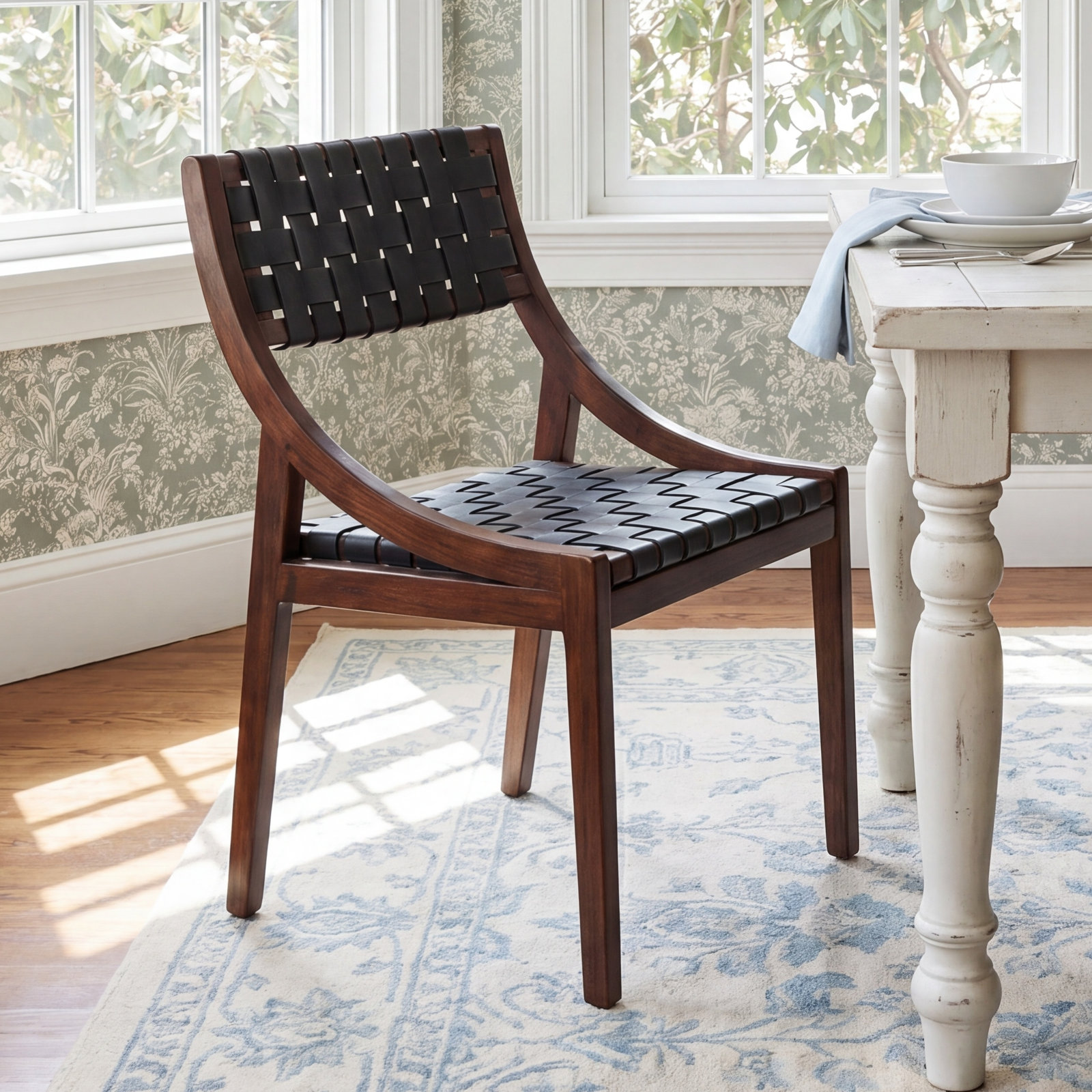 Genuine Leather Teak Side Chair, Black, Black