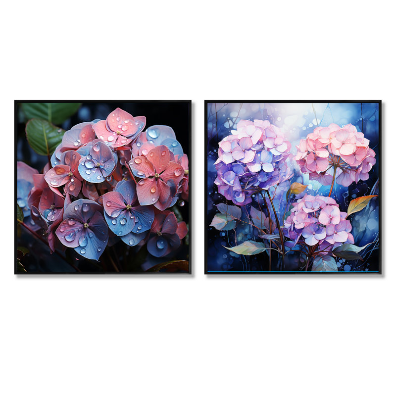 Hortensia rose et bleu, floraison symphonique - ensemble de 2 collages floraux carrés, Cadre flottant noir, H 16 po x l 33 po