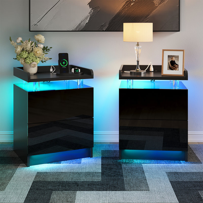 18" W Nightstand With Charging Station, LED Night Stand With 2 Drawers, Bedside Table With USB Port And Outlets For Bedroom