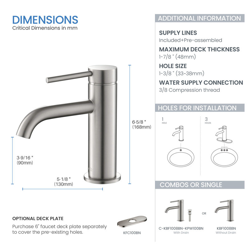 Robinet de salle de bain circulaire à installation monotrou, Nickel brossé, Système de drainage non compris