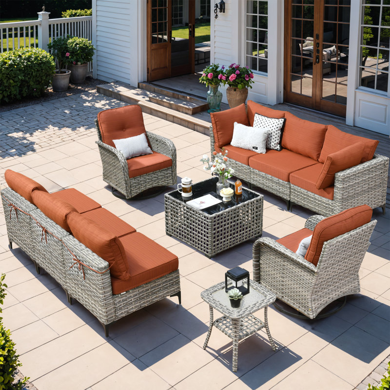Rattan Outdoor Sofa 11-piece Set With Fire Pit, Orange, No