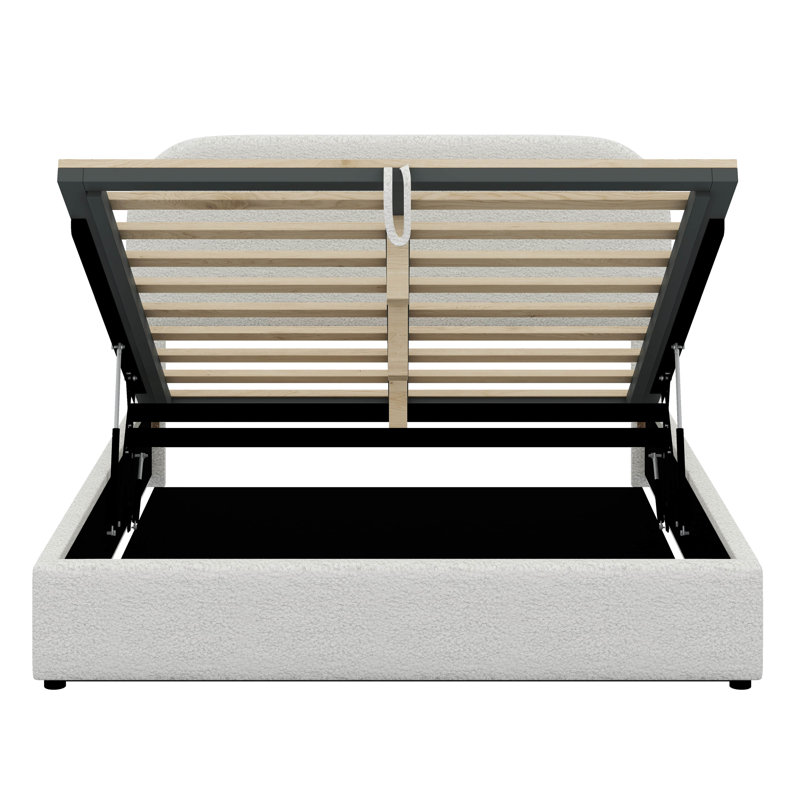 Lit plateforme en molleton Teddy (rembourré) - Système de rangement hydraulique inclus, Blanc