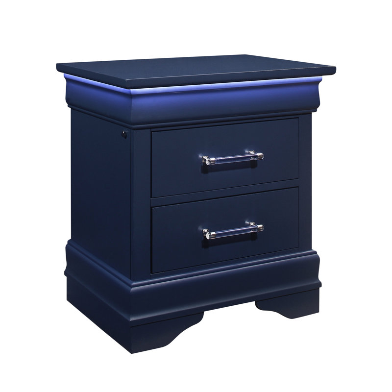 Table de chevet bleue avec rangement spacieux, bois massif dans les tiroirs, style transitionnel