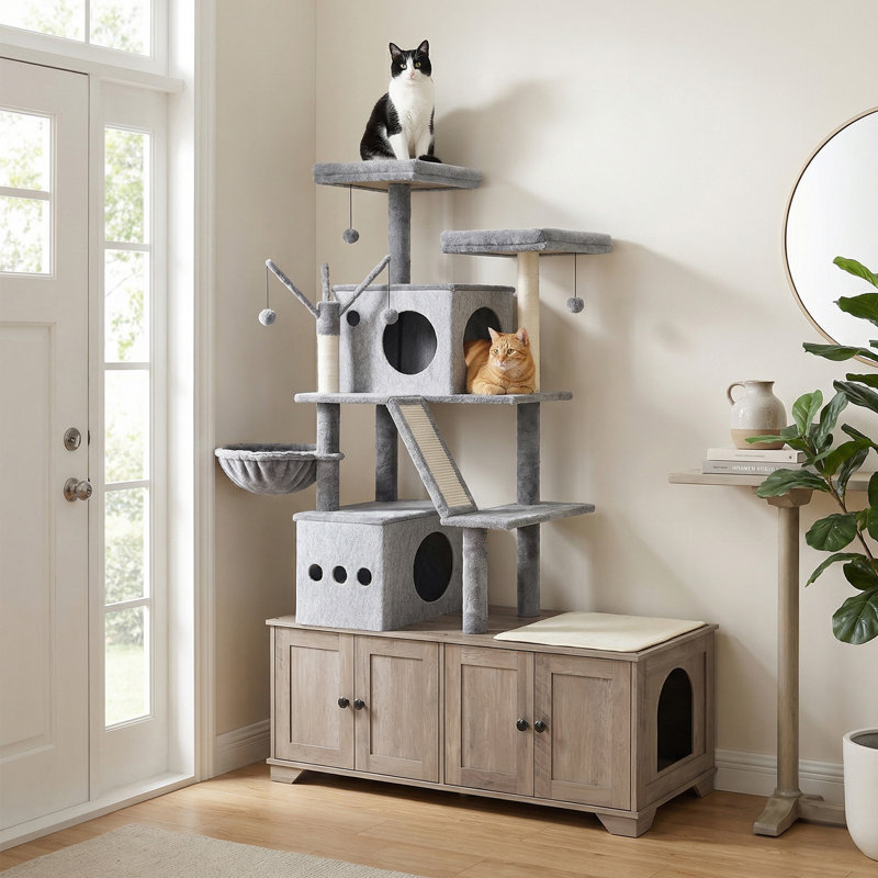 Arbre à chat avec double bac à litière, condo pour chat tout-en-un moderne, tour pour chat avec lit pour chat, meuble pour litière caché