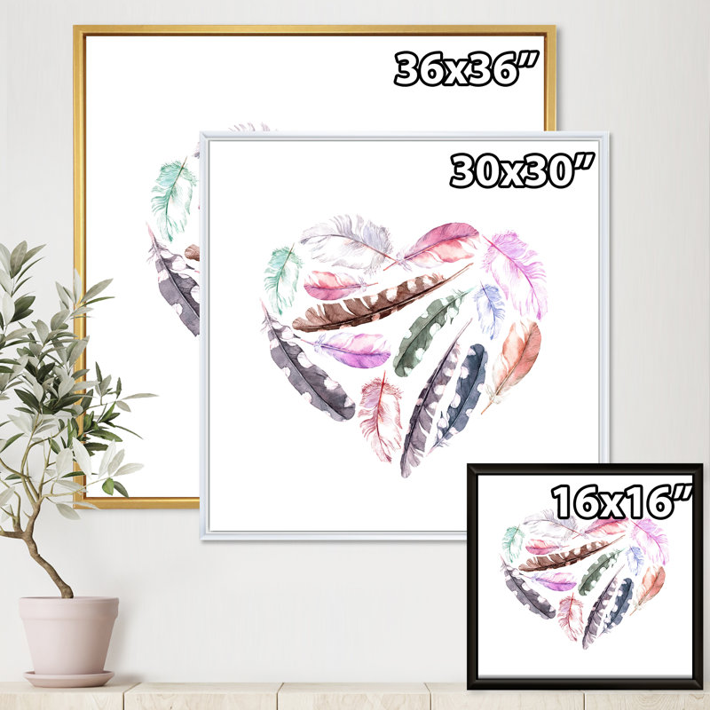 «Retro Heart with Pink Bird Feathers», impression sur toile, H 30 po x l 30 po x P 1 po, Cadre blanc