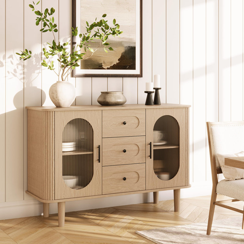 Buffet 47 "avec portes cannelées en verre - Crédence moderne Mid-Century avec tablettes réglables, Chêne