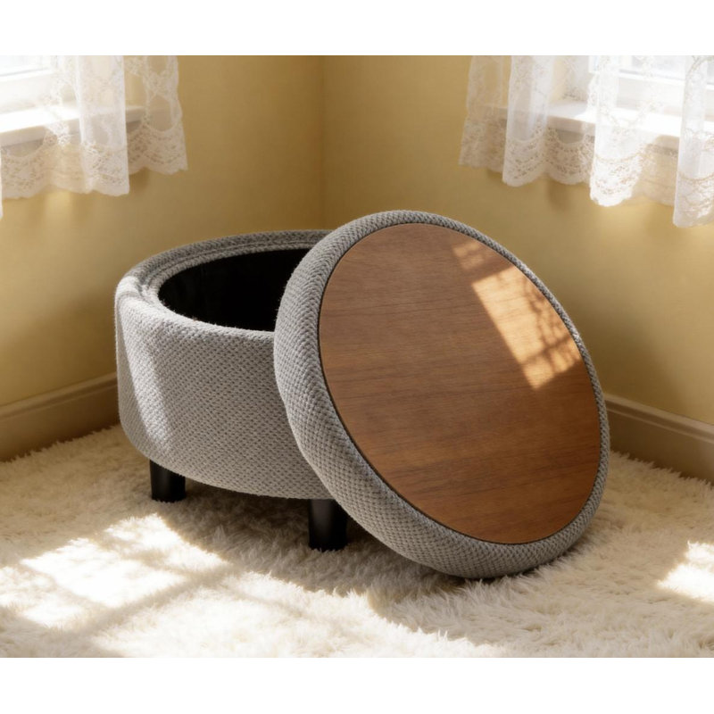 Round Cocktail Ottoman with Storage, Light Gray
