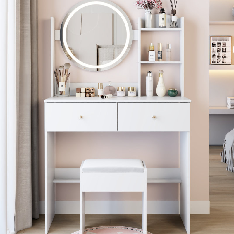 Table de coiffeuse: miroir rond à DEL de 17 po, éclairage réglable à 3 couleurs, tabouret moelleux, grand rangement à plusieurs couches, conception américaine, fabrication blanche, luminosité, rangement confortable pour les petits espaces, style,