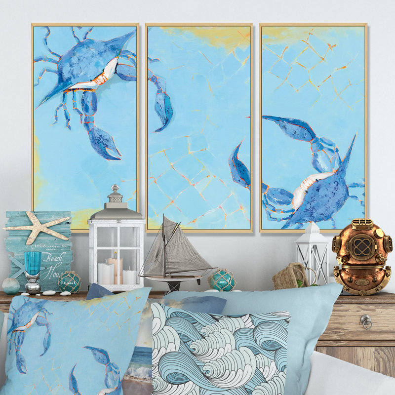 Bataille de crabe bleu côtier - ensemble d'art mural sur toile encadré nautique et côtier, H 28 po x l 36 po, Argent