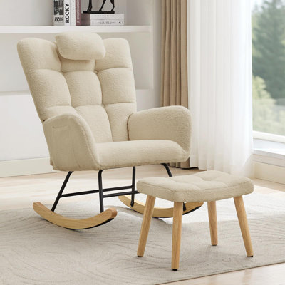 Ergonomic High Back Padded Rocking Chair with Footstool - Soft Cushion, Durable Steel Frame, Wooden Legs & Non-Slip Pads