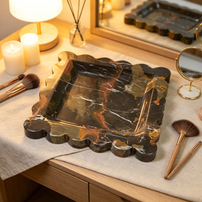 Plateau carré carré en marbre avec rebord festonné, plateau de meuble-lavabo en pierre naturelle, plateau de parfum pour commode, porte-clés en anneau, organisateur de table basse, 8 x 8 x 0,7 pouces, or noir