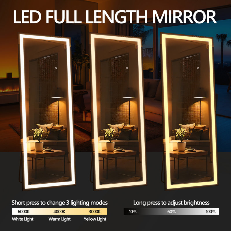 60x16 Inch Full Length Mirror with LED Lights, Perfect for Dressing and Room Decor, Standing or Wall-Mounted, Square Black