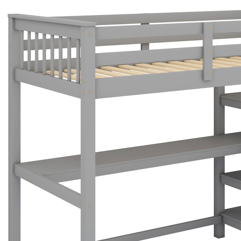 Lit mezzanine en bois de pin massif avec bureau sous le lit et tablettes de rangement, Gris, Lit simple