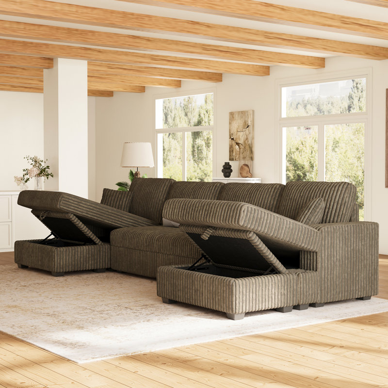 Bianca U-Shape 4 Seats Wide Plush Corduroy Modular Sofa Memory Foam Sectional With Storage For Living Room, Brown Corduroy