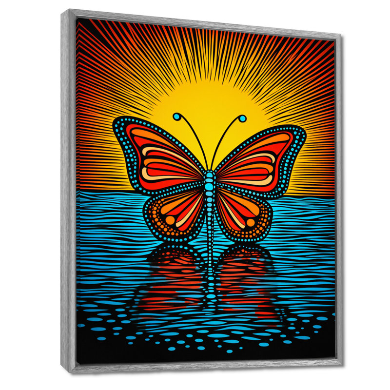 Glorious Butterfly on Red Blue - papillon, art mural, Toile avec cadre argenté, H 44 po x l 34 po x P 1,5 po