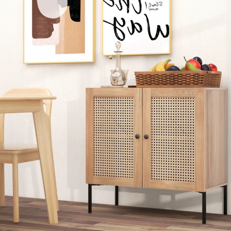 Buffet de cuisine avec 2 portes en rotin et tablette réglable, Noir/naturel