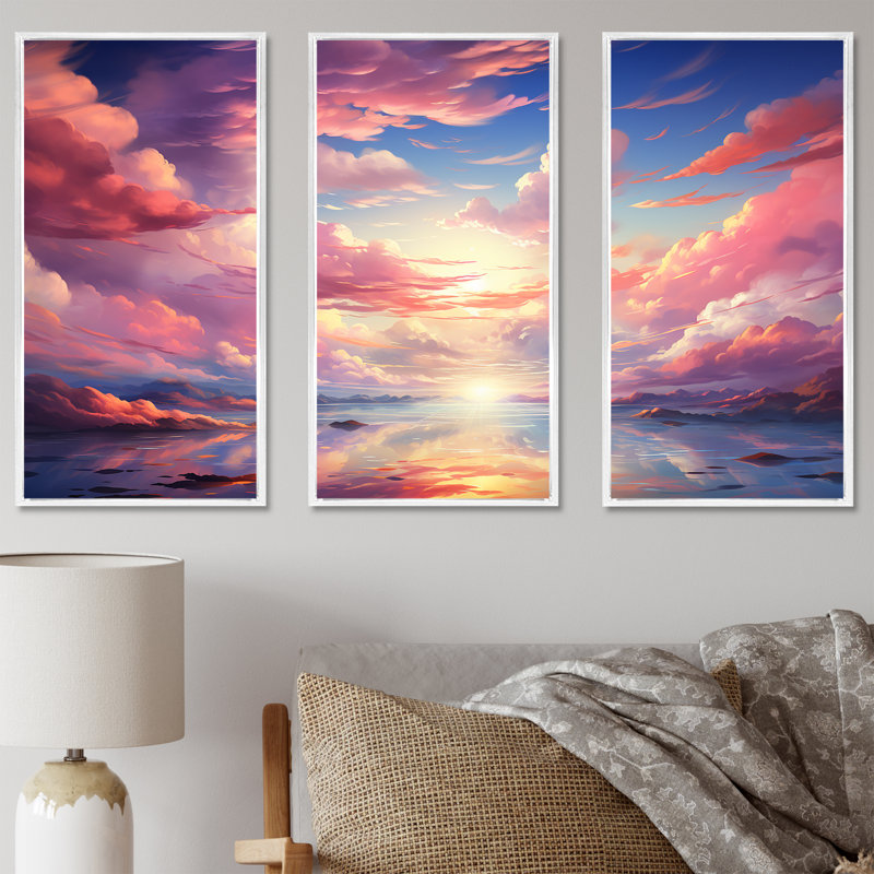 Ensemble de salon Kawaii Landscape Clouds - Clouds Wall Art, Cadre flottant blanc, H 32 po x l 48 po x P 1 po