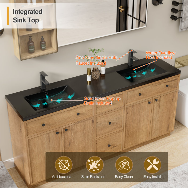 Meuble-lavabo double 72 po avec lavabo en résine Modern, Chêne, 72"