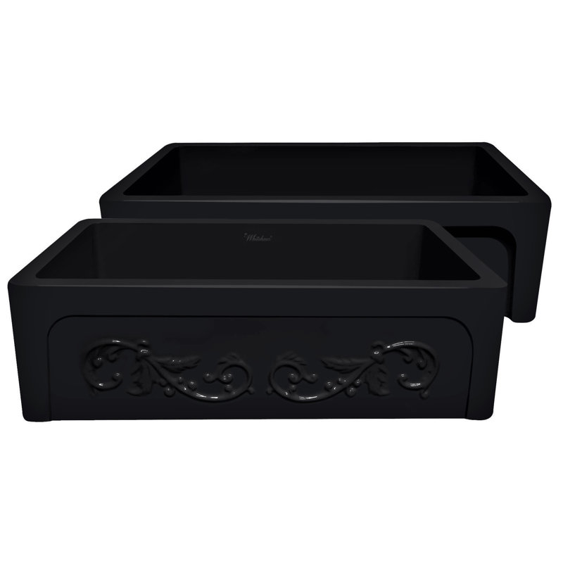 Whitehaus 33” Reversible Single Bowl Fireclay Kitchen Sink: Roman Vine, Beveled Front Apron, Black