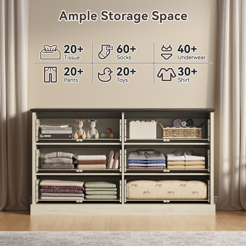 Hava Farmhouse 6 White Drawer Dresser for Bedroom, 55" Double Dresser & Chest of Living Room, TV Stand, White