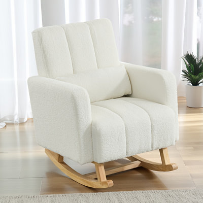 Cream White Teddy Velvet Accent Rocking Chair – With Pillow, Spacious Ergonomic Design, Natural Wooden Rockers For Living Room/bedroom/nursery