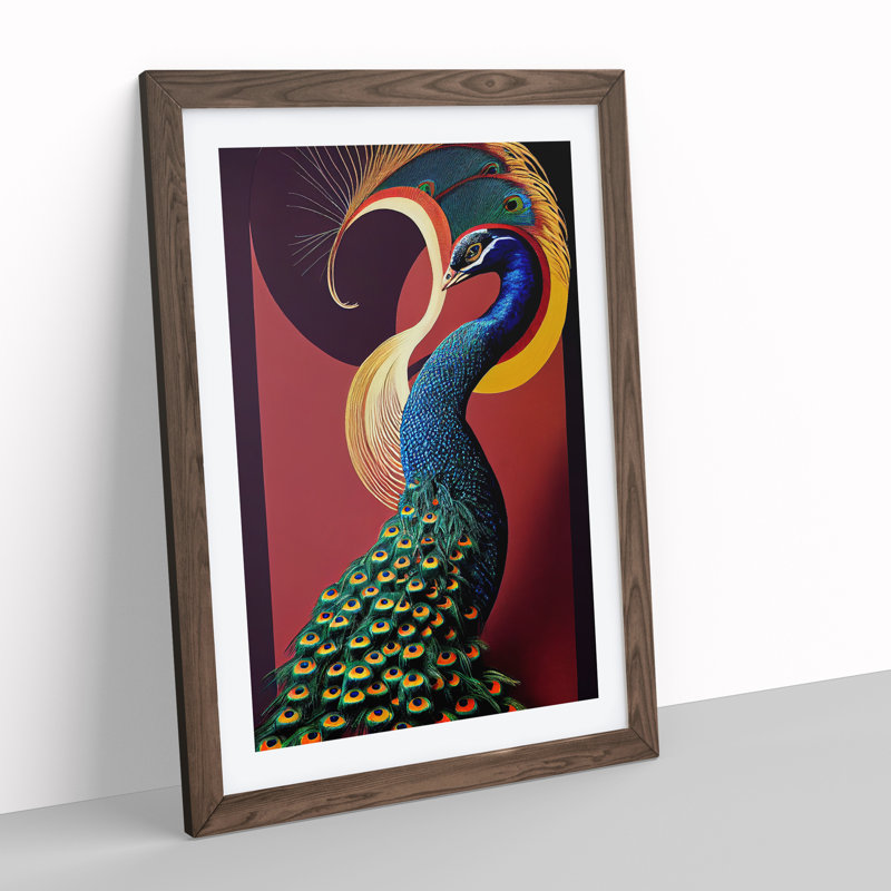 Classy Peacock - Single Picture Frame Print, 64cm H x 46cm W x 2cm D, Walnut