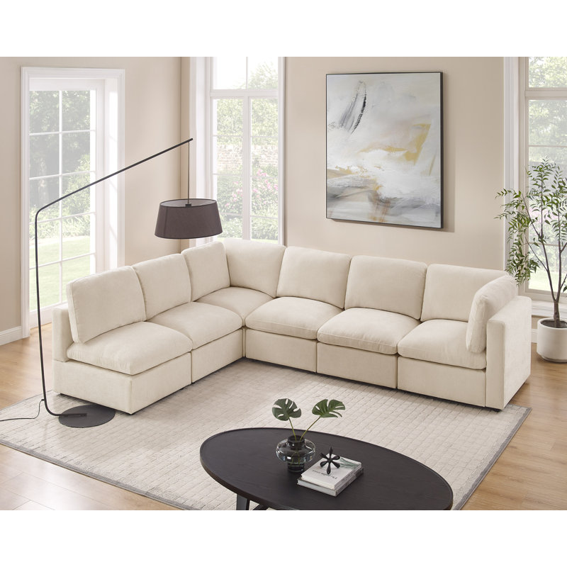 6-Piece L-Shaped Upholstered Symmetrical Sectional, Modular Sofa, Beige Polyester