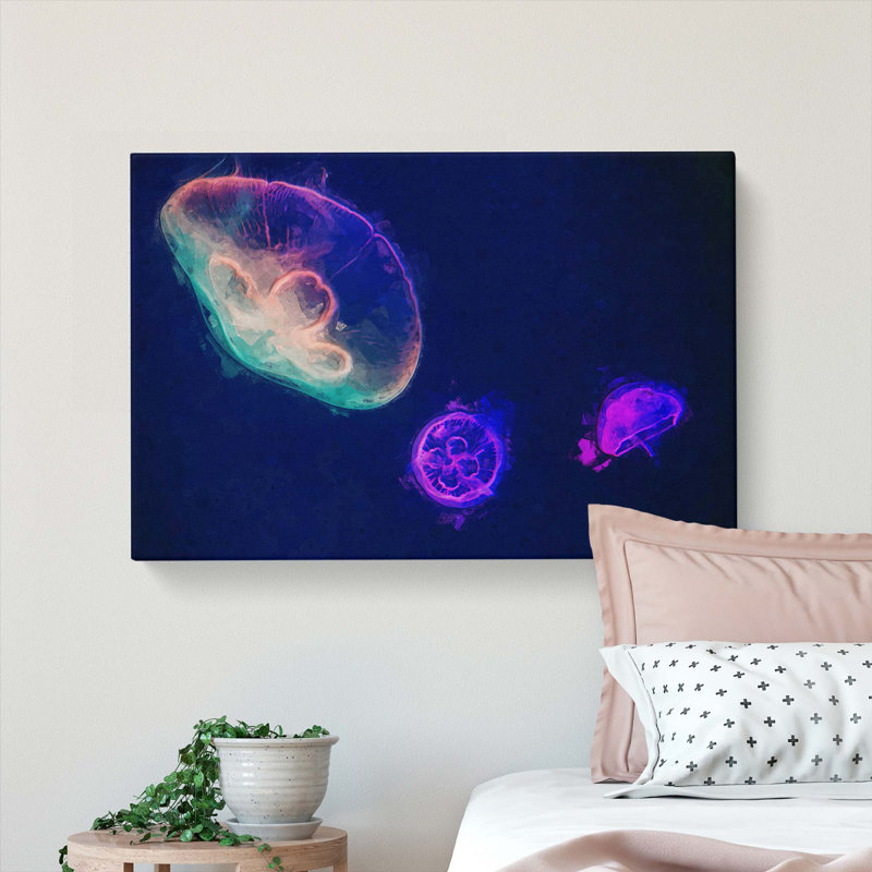 Neon Jellyfish In Abstract - Wrapped Canvas, 60cm H x 91cm W x 3cm D