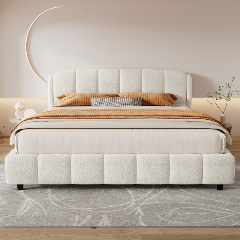 Lit plateforme très grand avec boucle, lit plateforme tapissier en tissu doux avec tête de lit courbée, beige