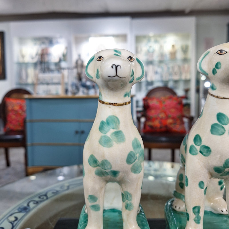 Porcelain Whippet Figurines – Teal Dots (Set of 2), Teal/White/Brown