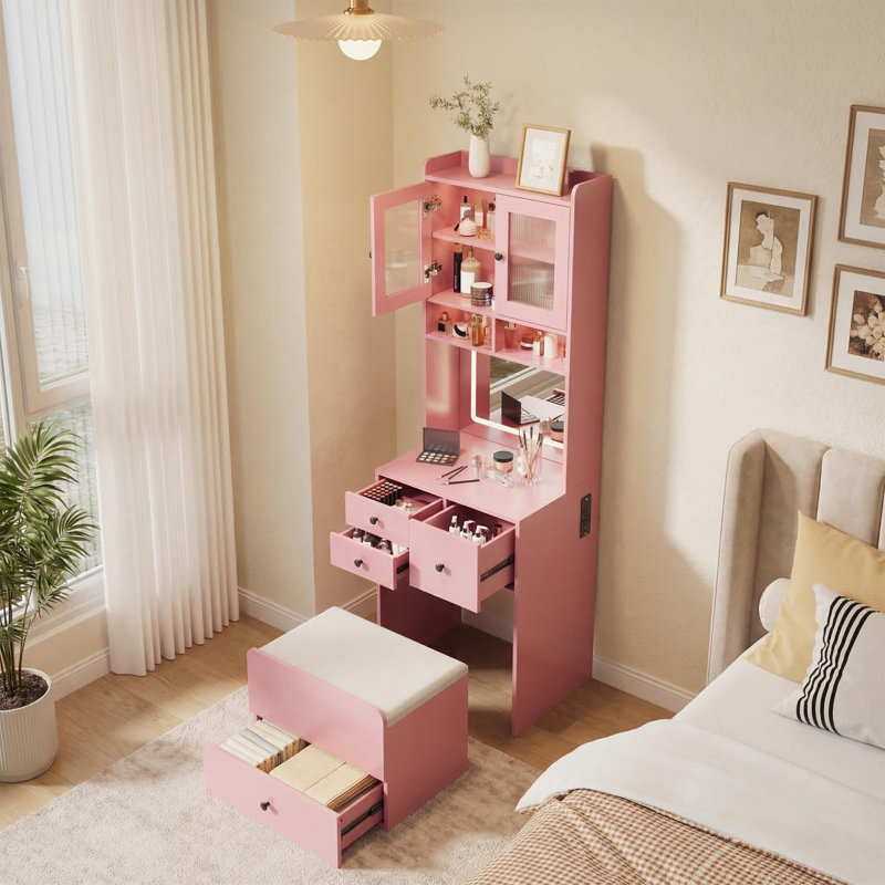 Bureau de coiffeuse avec miroir à DEL et prise de courant, petit ensemble de coiffeuse à maquillage avec 4 tiroirs et armoire, coiffeuse compacte avec fauteuil de rangement rembourré et 3 modes d'éclairage pour la chambre à coucher