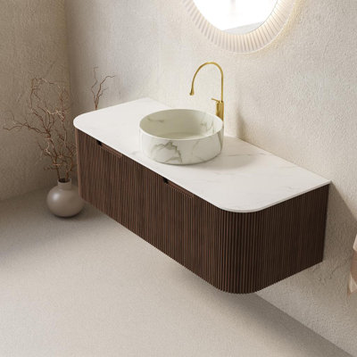 Dina 48" Bathroom Vanity With Sink, Wall-mounted Curved Edges Striped Bathroom Storage Cabinet With 2 Drawers, White Round Ceramic Basin With Stone Pattern, Pre-assembled