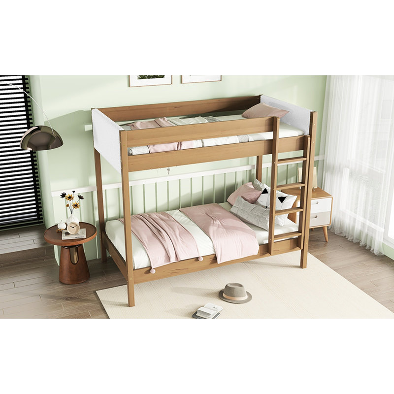 Lit superposé simple tapissier au-dessus - Confort molleton, durabilité en bois d'hévéa, garde-corps, rangement spacieux sous le lit