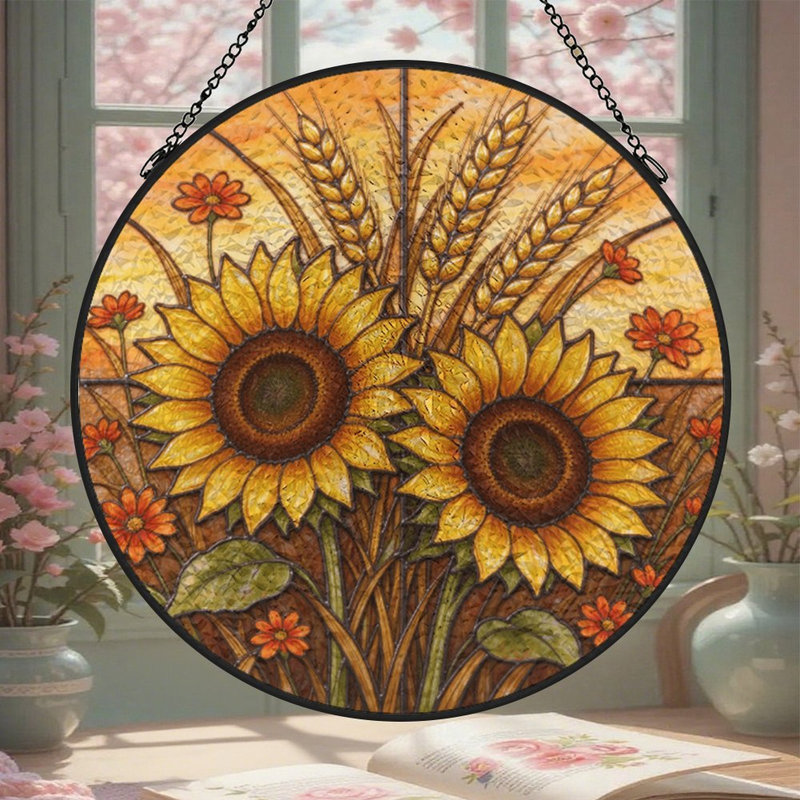 Panneau de vitrail tournesol et blé, 11,8 x 11,8 po (30 x 30 cm)