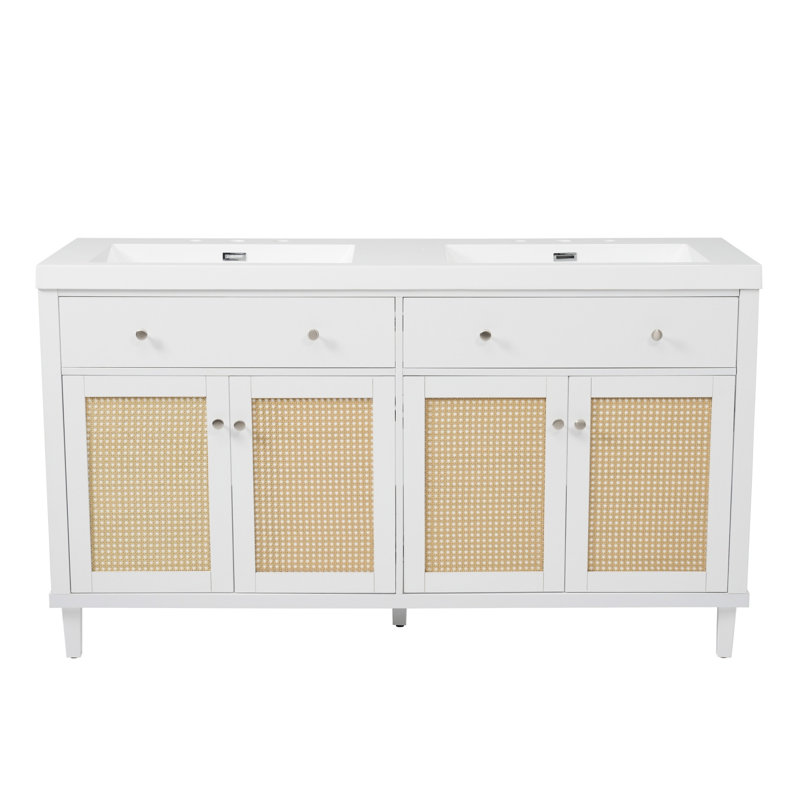 Ensemble de meuble-lavabo double 60 po, White/Natural Wood