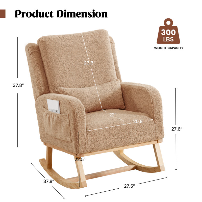 Chaise berçante de 27,5 po de largeur avec pieds en bois massif et coussin lombaire ergonomique, Kaki Teddy