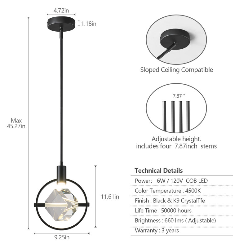Luminaire suspendu en cristal Margoth, Noir