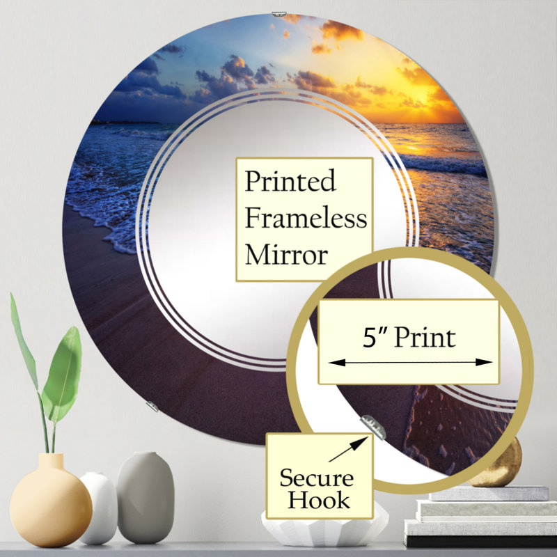 Coucher de soleil sur un rivage océanique I - Miroir mural nautique et côtier rond, 24 po x 24 po