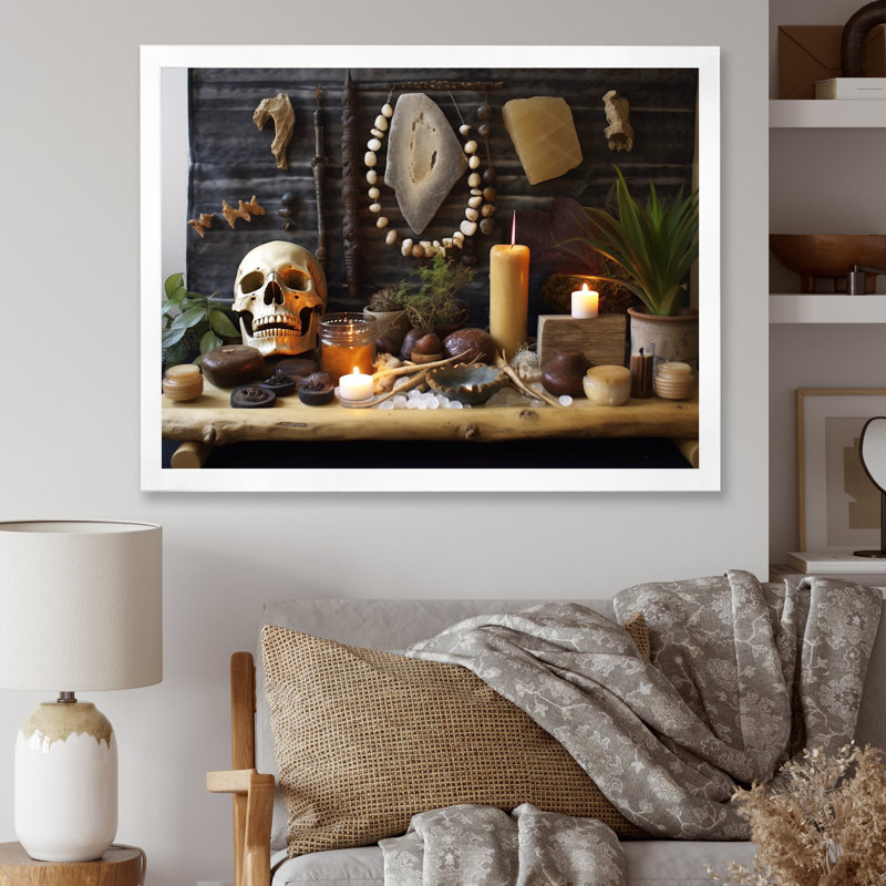 " Altar With Sacred Objects " Color Photography Print, White Single Picture Framed, 30" H x 40" W x 1.5" D
