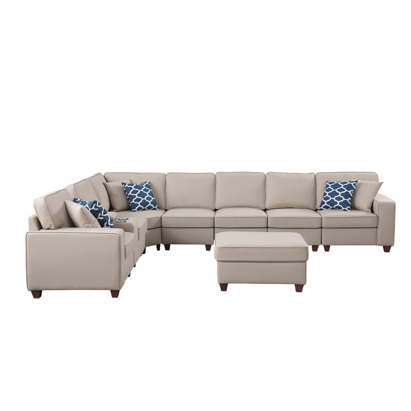 Canapé modulaire en cuir artificiel avec repose-pieds et console, Similicuir beige