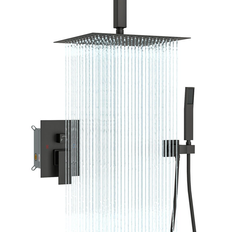 10" Ceiling Mounted Pressure Balancing Dual Shower Head Rain Shower System with Rough-in Valve and Trim Kit, Matte Black