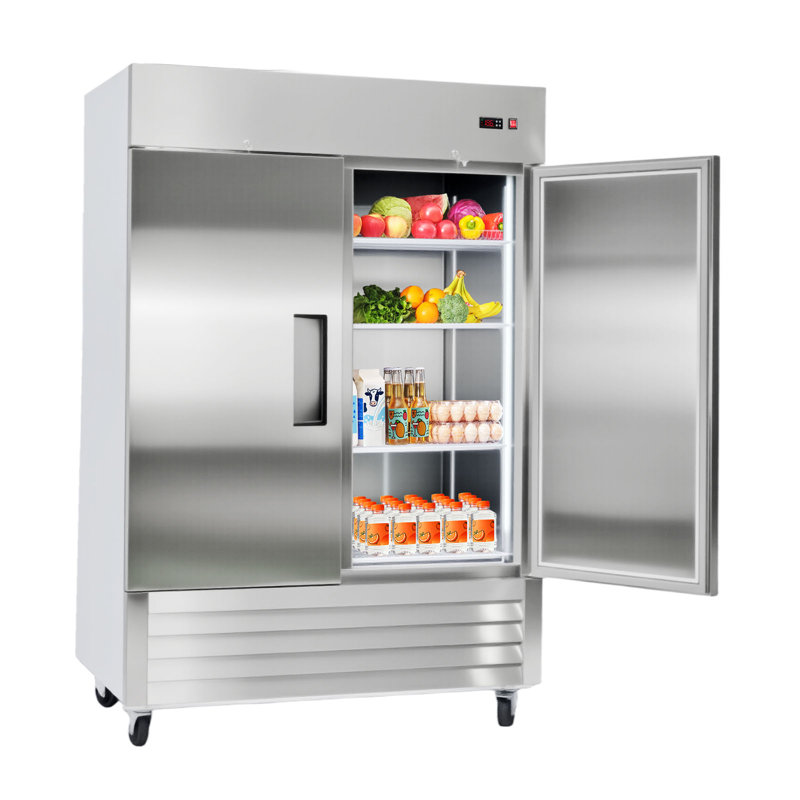 Commercial Refrigerator, 32.2 in Width Reach In Upright Refrigeration Double Door, 43.2 Cu.ft Auto-Defrost Stainless Steel Refrigerator with 8 Adjustable Shelves, 32 to 50℉ Temp Range, 4 Wheels