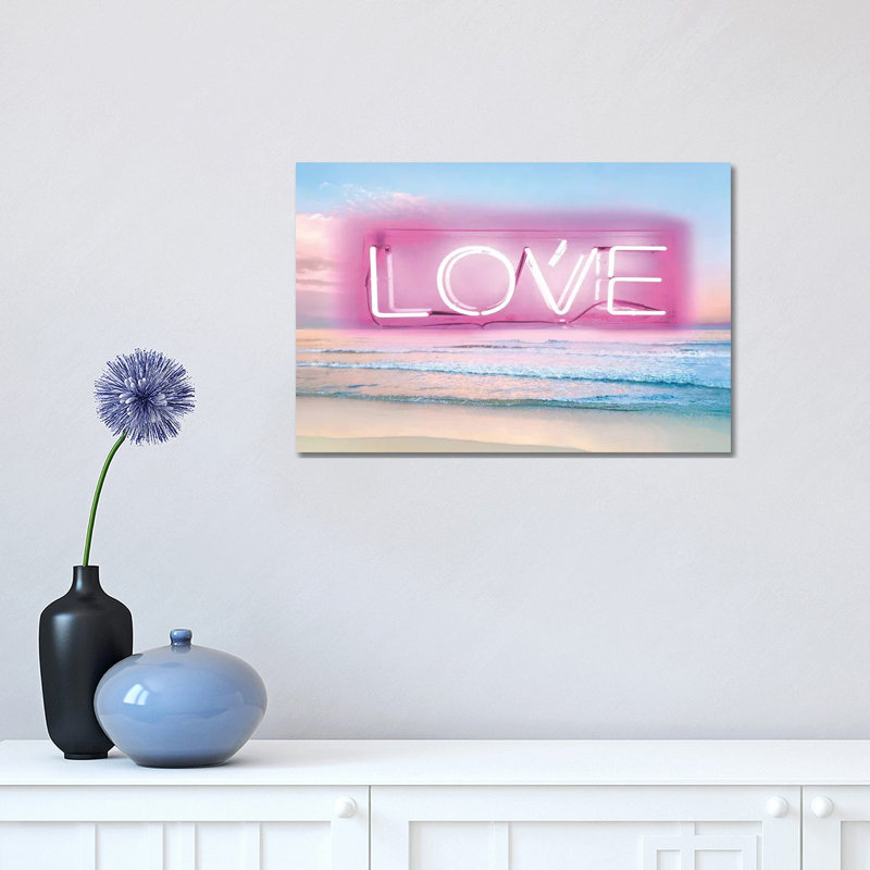 Neon Love Beach Pink On Black by Hailey Carr - Print on Canvas, Wrapped Canvas, 66.04 cm H x 45.72 cm W x 3.175 cm D