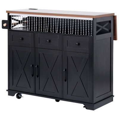 Farmhouse Kitchen Island With Drape Of Beads – Rolling Kitchen Cart On Wheels, 3 Doors & 3 Drawers, Drop Leaf & Power Outlet by Latitude Run