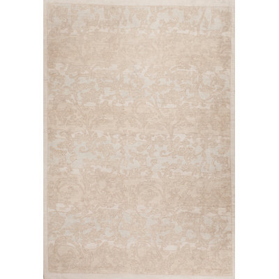 Tapis ivoire / beige en laine noué à la main de conception unique 5 pi x 7 pi
