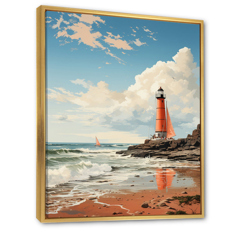 Illustration de plage rétro sur une plage de phare rouge sur toile, Cadre flottant doré, H 32 po x l 24 po