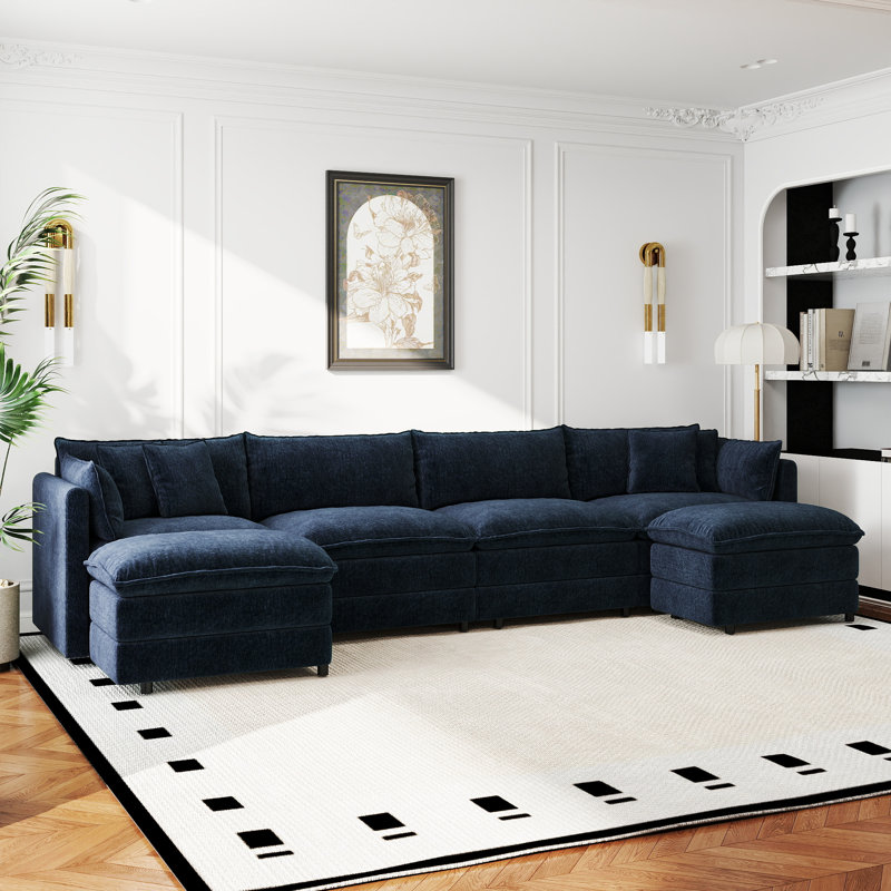 Canapé-lit en chenille moderne avec repose-pieds, H 33,85 po x l 147,22 po x P 35,82 po, Chenille bleu