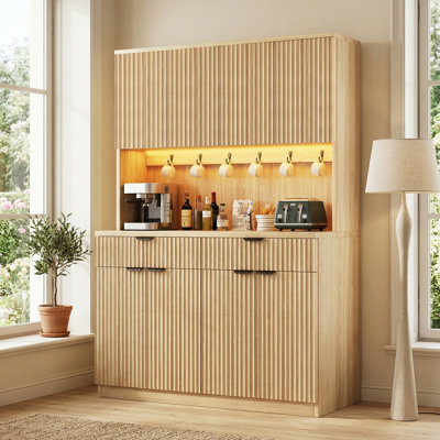 Multi-Functional Pantry Cabinet With Storage, LED Lights & Power Outlets