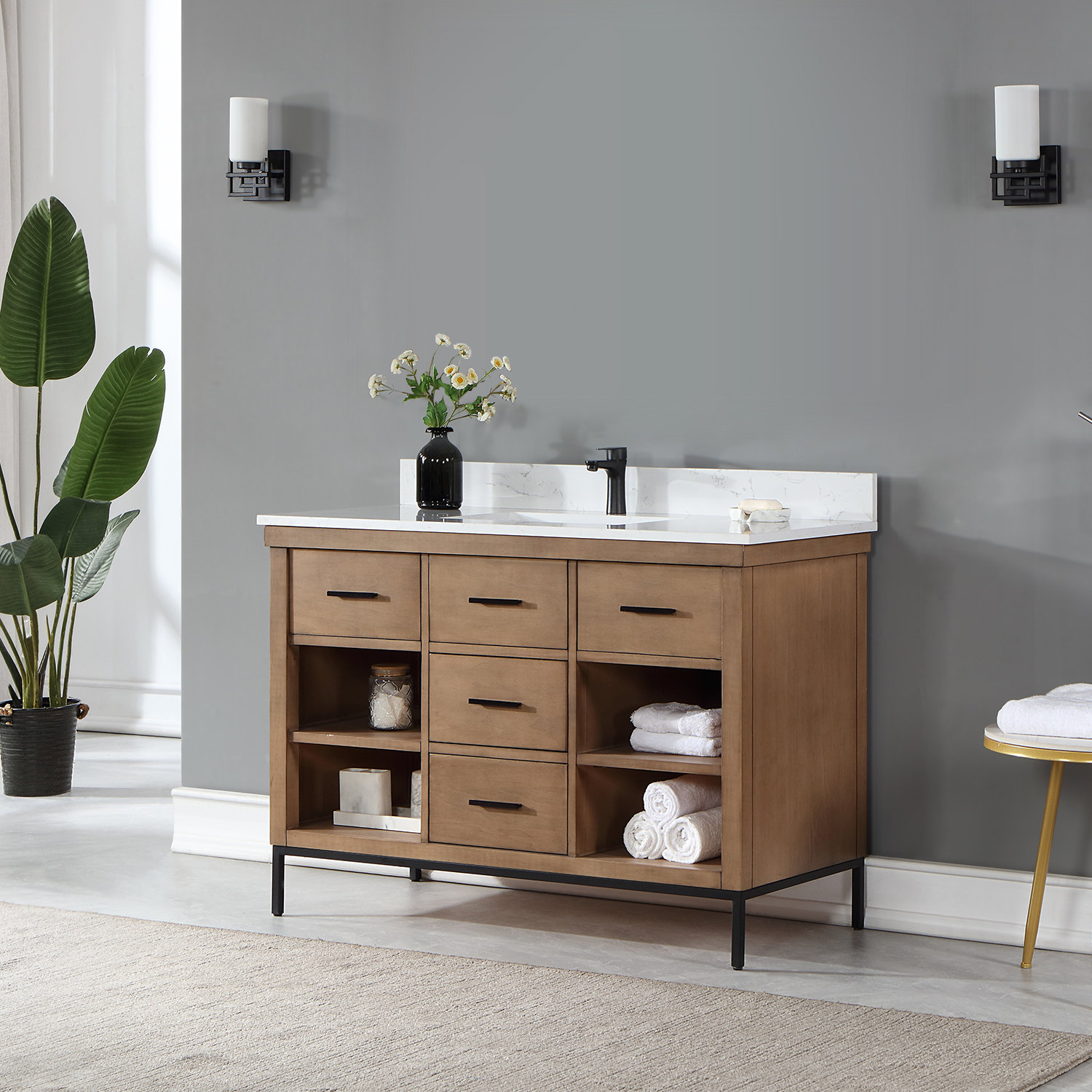Kesia 48'' Single Bathroom Vanity, Brown, Matte Black