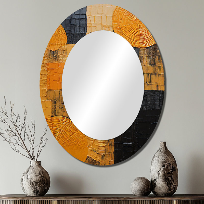 Artistic Yellow Pottery - Geometric Oval Decorative Mirror On Metal, 40" x 30"